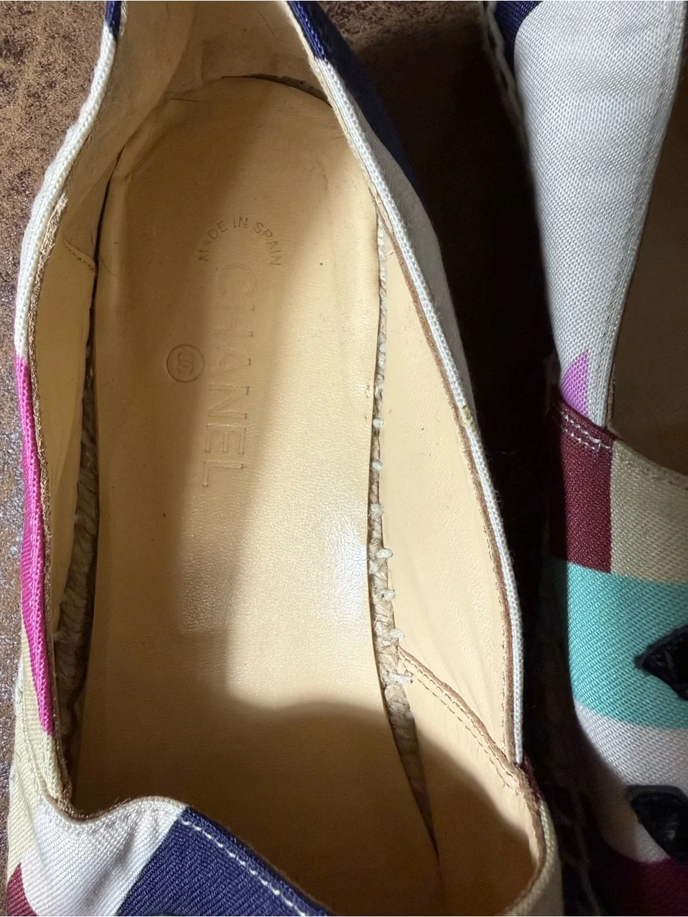 26. CHANEL Multicolor Canvas Espadrilles with Black Patent Cap